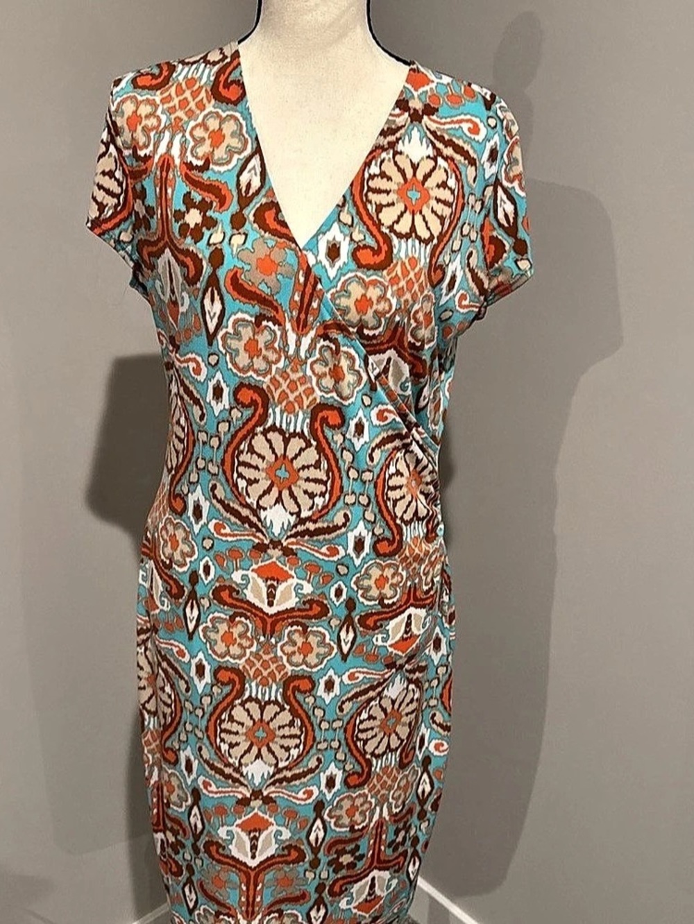 Jones New York Paisley V-Neck Dress in Blue & Orange Small